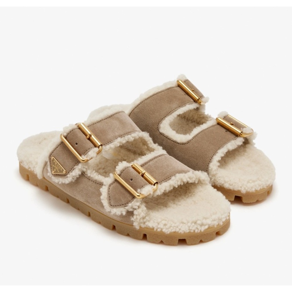 Prada Shearling Suede Slides Desert Beige Gold Buckle Logo Sandals 1XX775